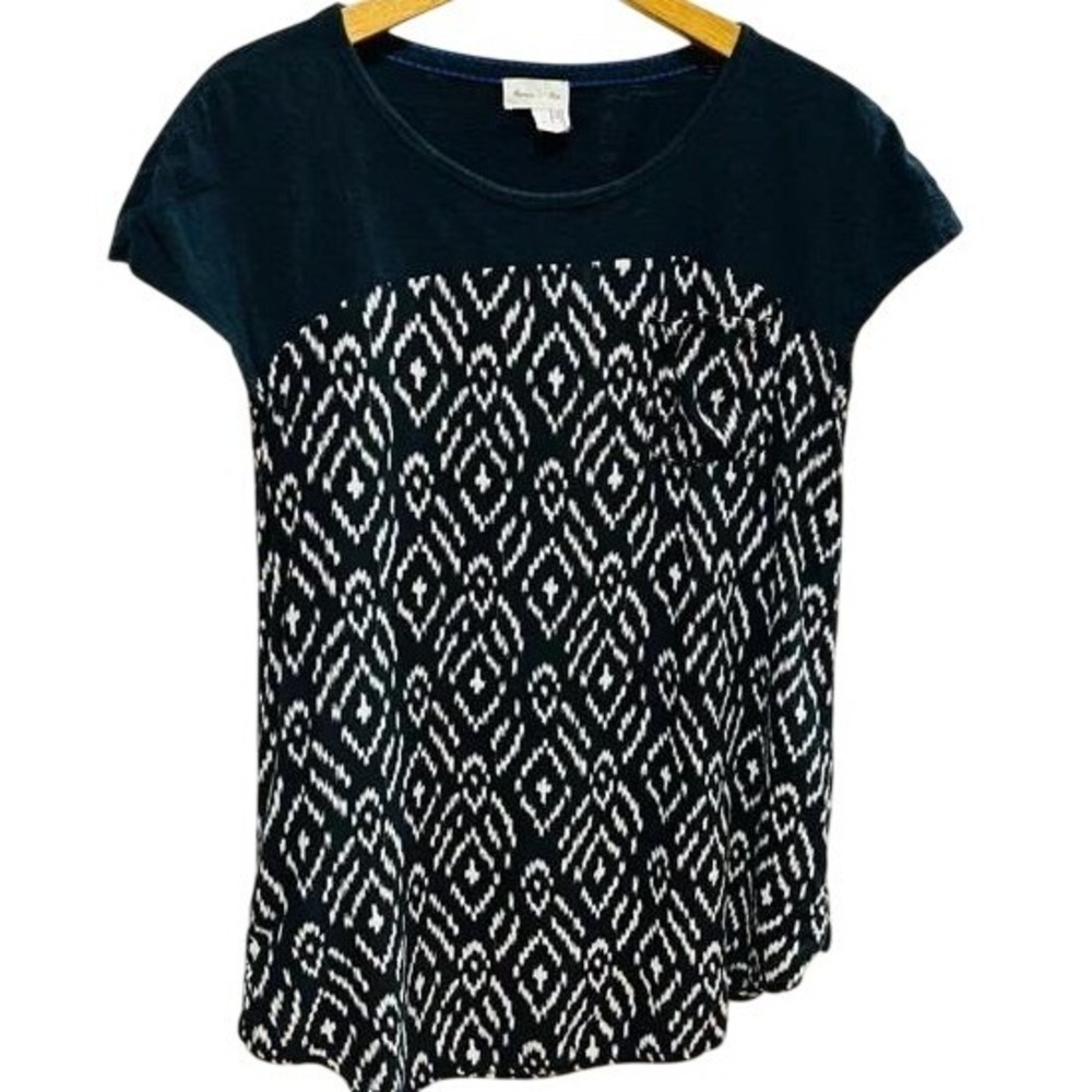 Meadow Rue Anthropologie Womens Black Ikat Print Short Sleeve Top Size M